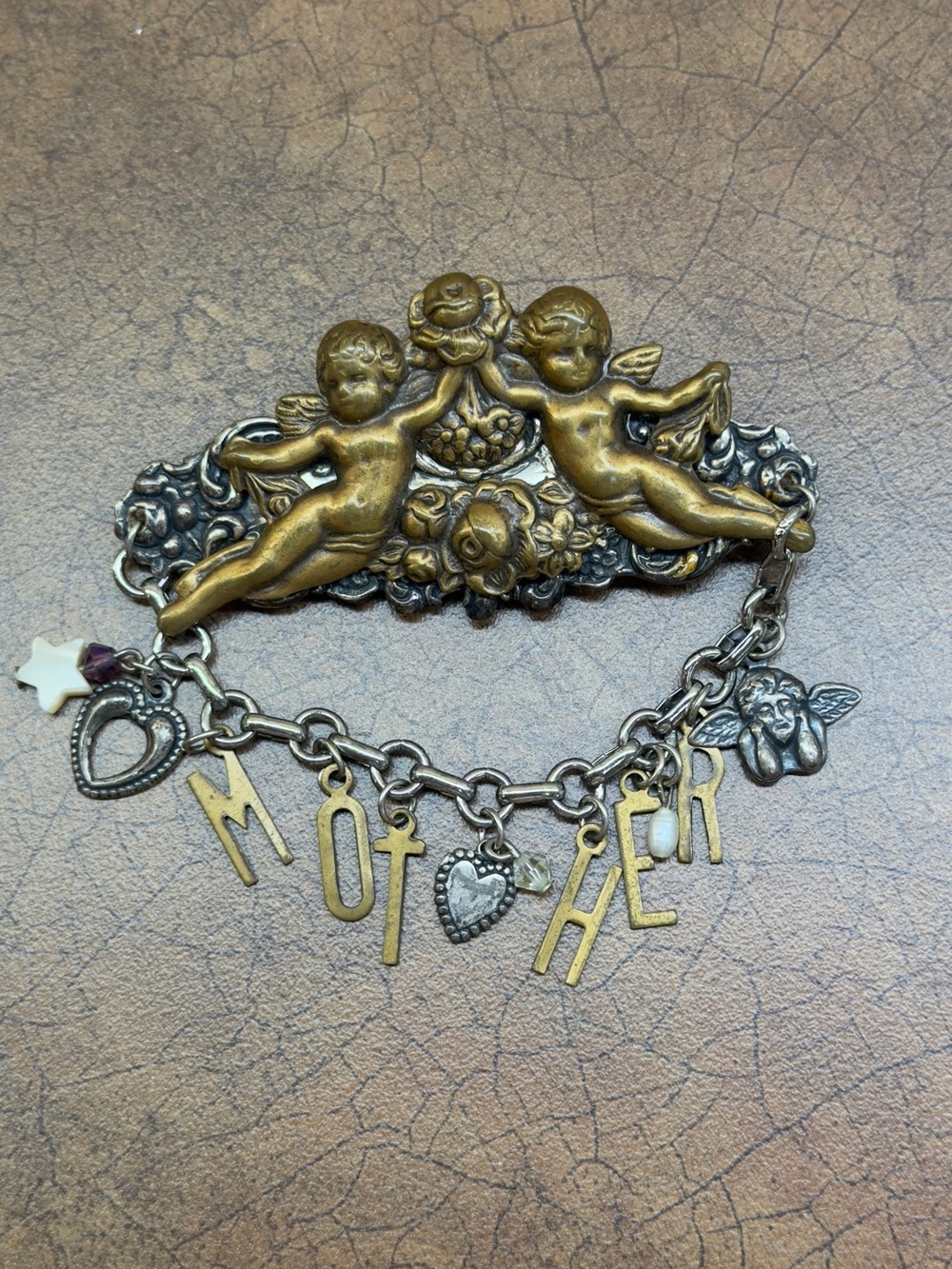 Cherub Mother Charm Brooch - Gold & Silver Tone